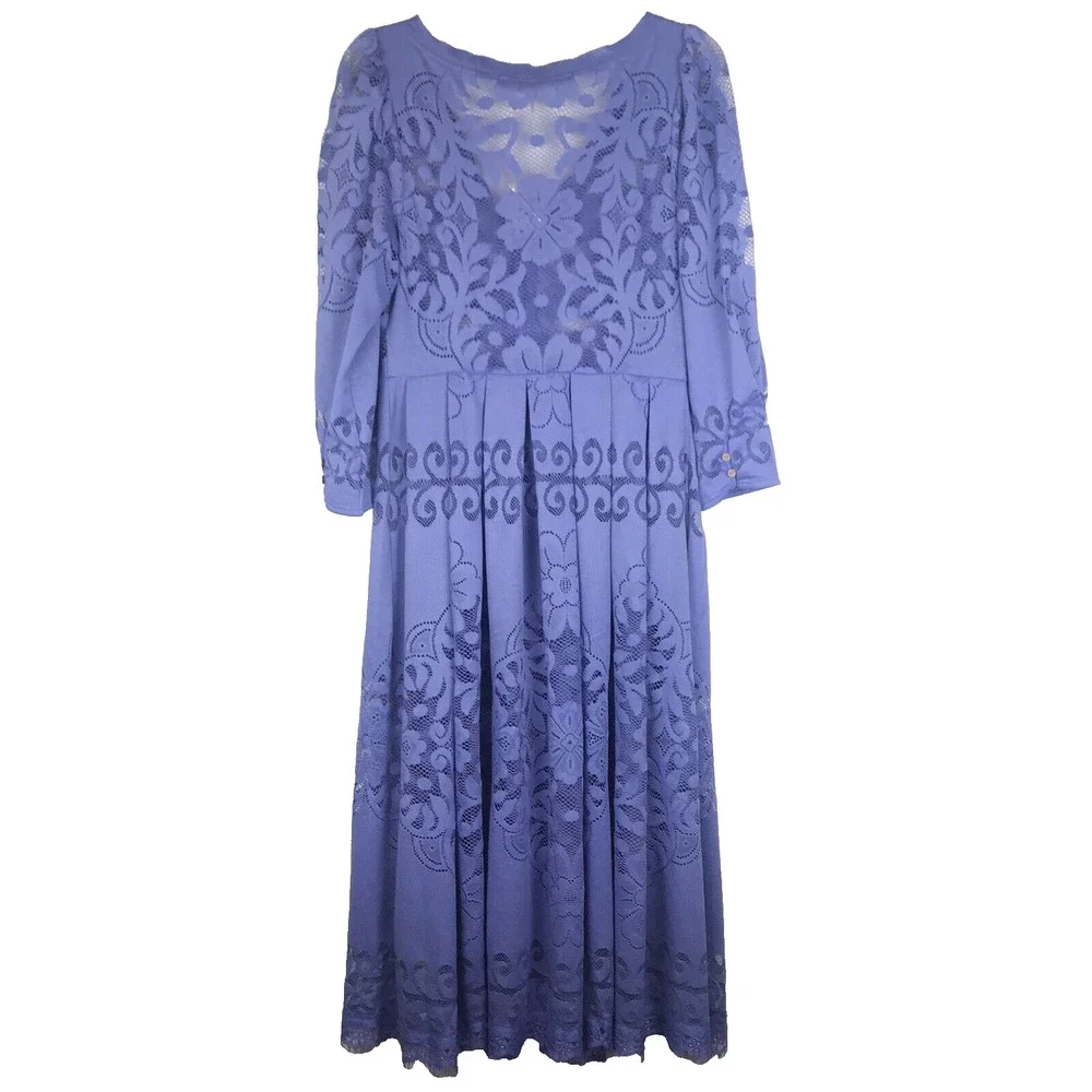 NWT Free People Persian Jewel Blue Lace Midi Dress Button 3/4 Sleeve Small FLAW